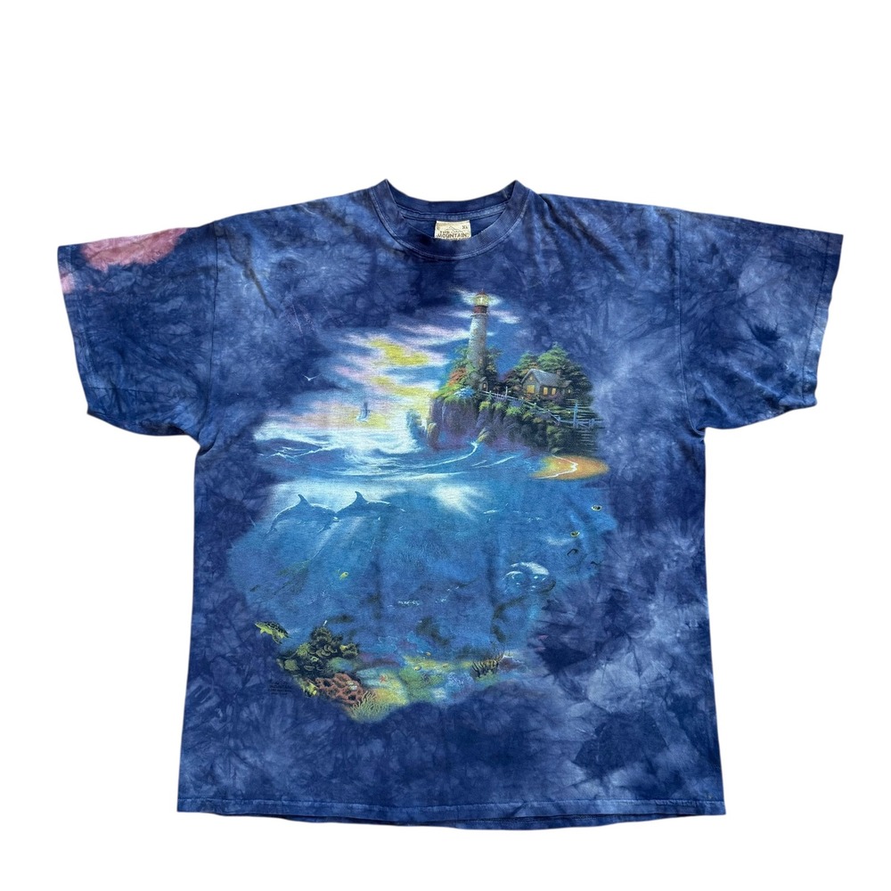 Vintage 2000 The Mountain Lighthouse Dolphin Tie Dye T-Shirt Mens XL Blue Nature